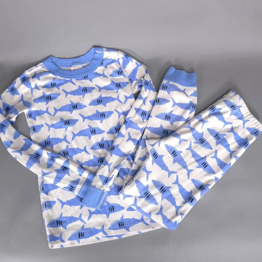 HANNA ANDERSSON 100% Organic Cotton Shark Pajama 8‎ Set Kids White & Blue